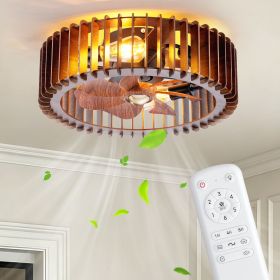 Wooden Fandelier Ceiling Fan with Light and Remote, 20" Flush Mount Caged Ceiling Fan with Light
