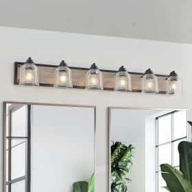 49" Farmhouse Vanity Light Fixture, 6-Light Bathroom Wall Sconce with Clear Seeded Glass Shades, Black and Wood Grain Finish