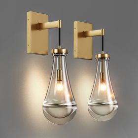 Wall Sconces Set of Two, Brass Modern Raindrop Glass Sconces Wall Lighting, Gold Wall Light Fixtures Indoor Wall Light
