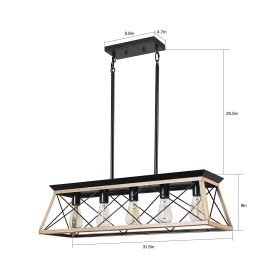 32" Oak Industrial 5-Light Pendant Chandelier, Modern Metal Cage Design, Adjustable Hanging Light for Dining Room, Kitchen, Living Room (No Bulbs