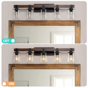 35" Rustic 5-Light Vanity Light, Industrial Bathroom Wall Sconce with Glass Shades and Wood Accent, Modern Farmhouse Lighting Fixture (No Bulbs)