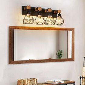 24" Modern Geometric 4-Light Vanity Light Fixture with Black Metal, Wooden Accents and Cage Lampshade for Bathroom, Bedroom